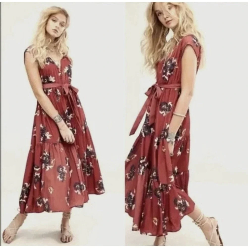Free People Maxi Dress Women All I Got Tiered Floral Boho Rusted Red Size 6